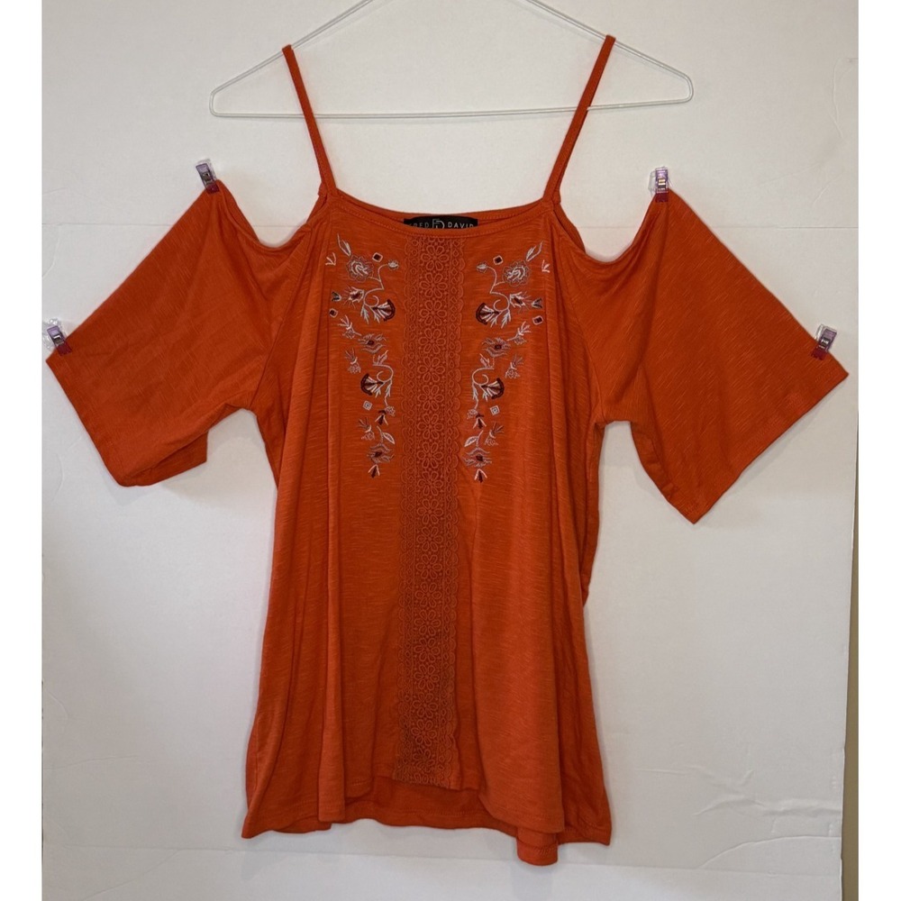 Fred David Womens Orange Cold Shoulder Embroidered Lace Peasant Top  Medium